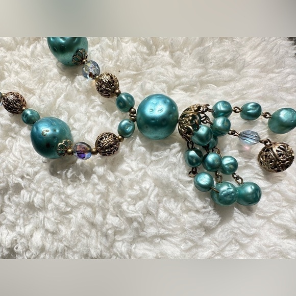 Vintage Necklace AB Crystals Faux Blue Pearls & Gold Beads With Tassel End 5389 - Picture 6 of 11